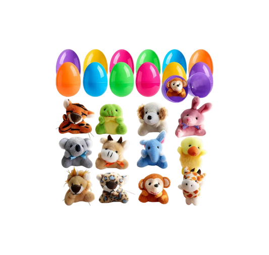 filled easter eggs with plush animal toys inside