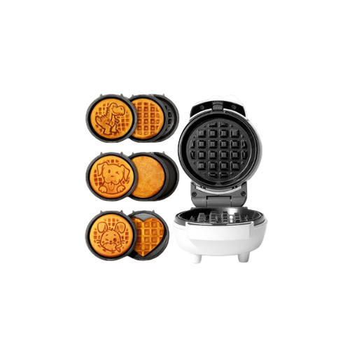 6-in-1 mini waffle maker with removable ceramic plates in white