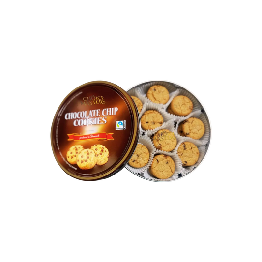 Chocolate chip cookies in reusable 454g gift tin perfect for gifting with tea coffee or milk